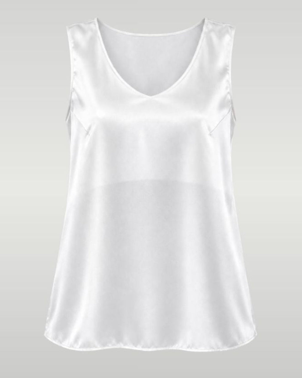A white sleeveless satin camisole top with a V-neckline, shown against a light gray gradient background.