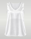 A white sleeveless satin camisole top with a V-neckline, shown against a light gray gradient background.