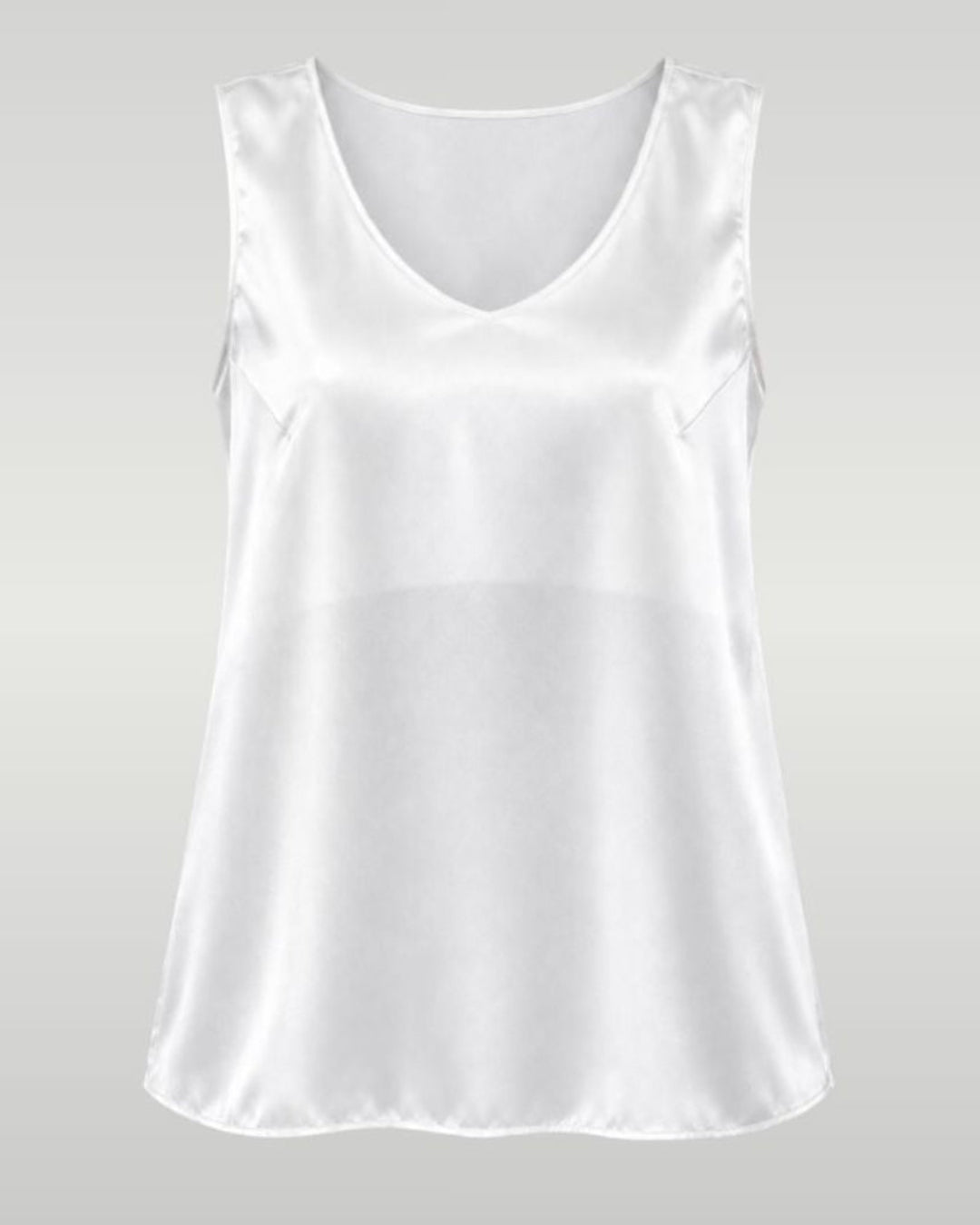 A white sleeveless satin camisole top with a V-neckline, shown against a light gray gradient background.